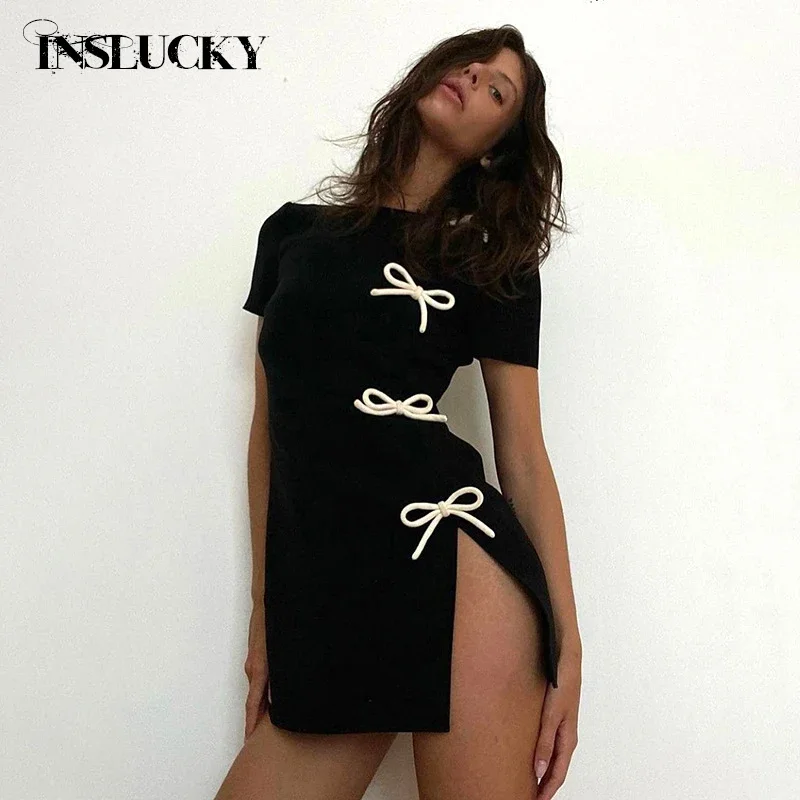 

Модное Элегантное офисное женское мини-платье InsLucky, однотонные платья с бантом, платья с коротким рукавом и открытым воротником, облегающие шикарные женские летние платья