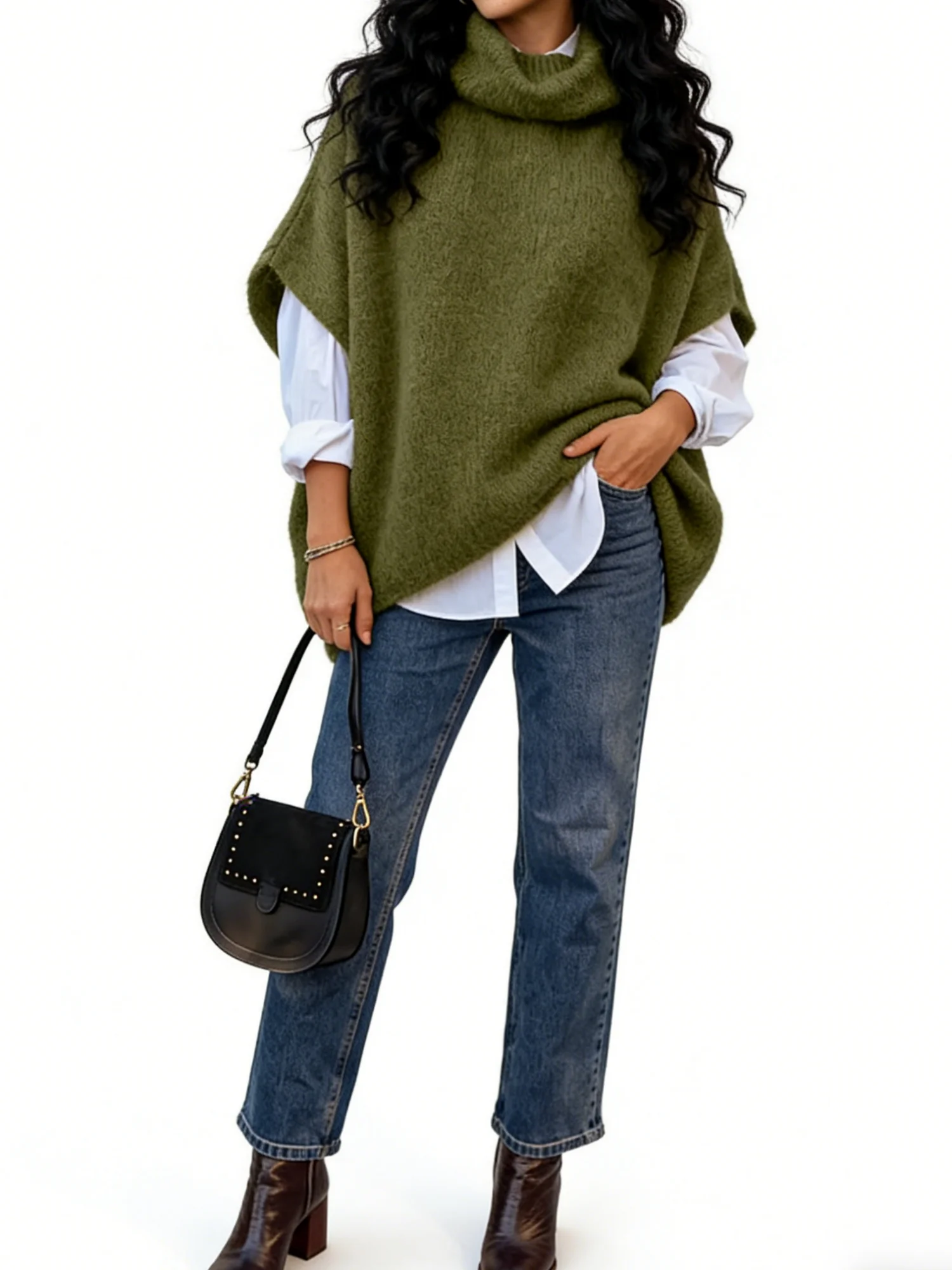 

Женская вязаная накидка-шаль с высоким воротником, цвета хаки, больших размеров, модный и простой стиль, подходит для осени и зимы.