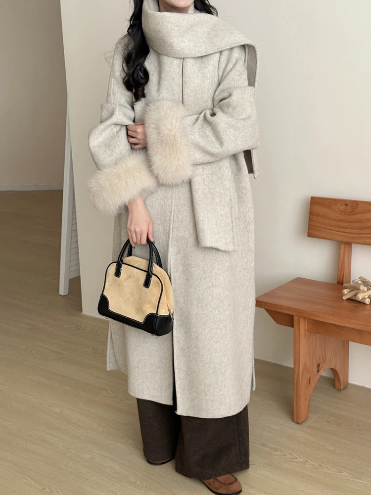 [LANMREM] Scarf Collar Faux Fur Sleeve Woolen Coats For Women Belt Gathered Waist Warm Long Outwear Female 2024 Winter New