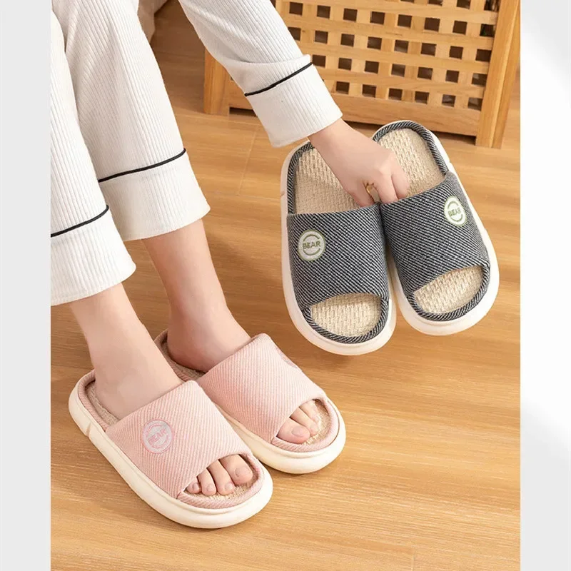 Couples Home Linen Slippers Women Men Indoor Bedroom Soft Slides Comfortable House Thick Sole Shoes Non-slip Breathable Flats