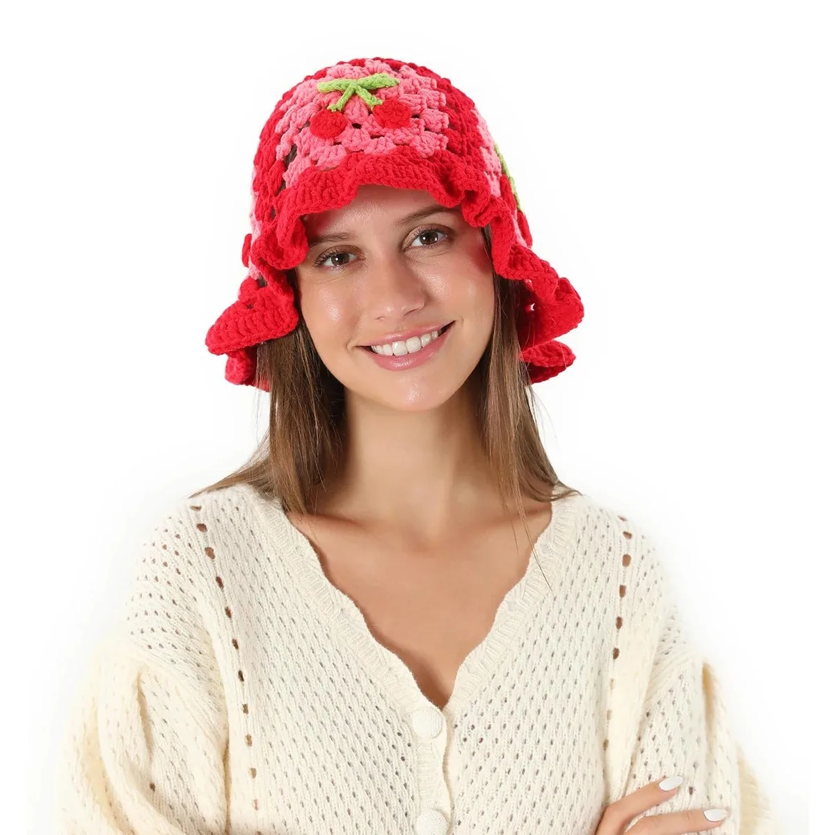 Crochet Bucket Hat for Women Handmade Cherry Floral Knitted Beanies Girl Elastic Cute Panama Beach Hat for Vacation Traveling