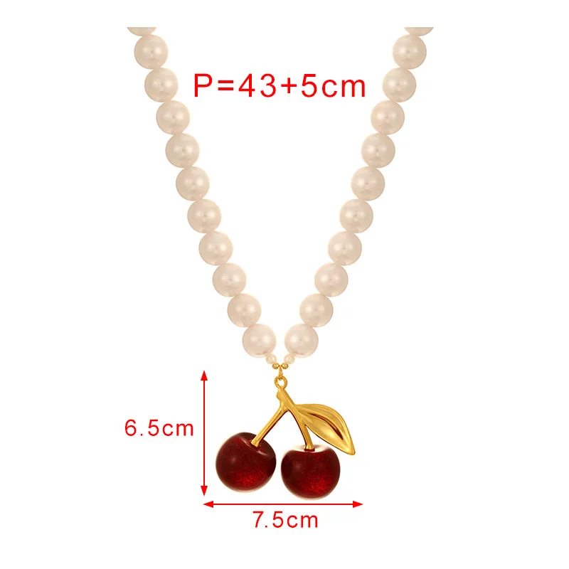 1PC White Copper Resin Cherry Pendant Beaded Pearl Necklace, Suitable for ladies everyday and party wear