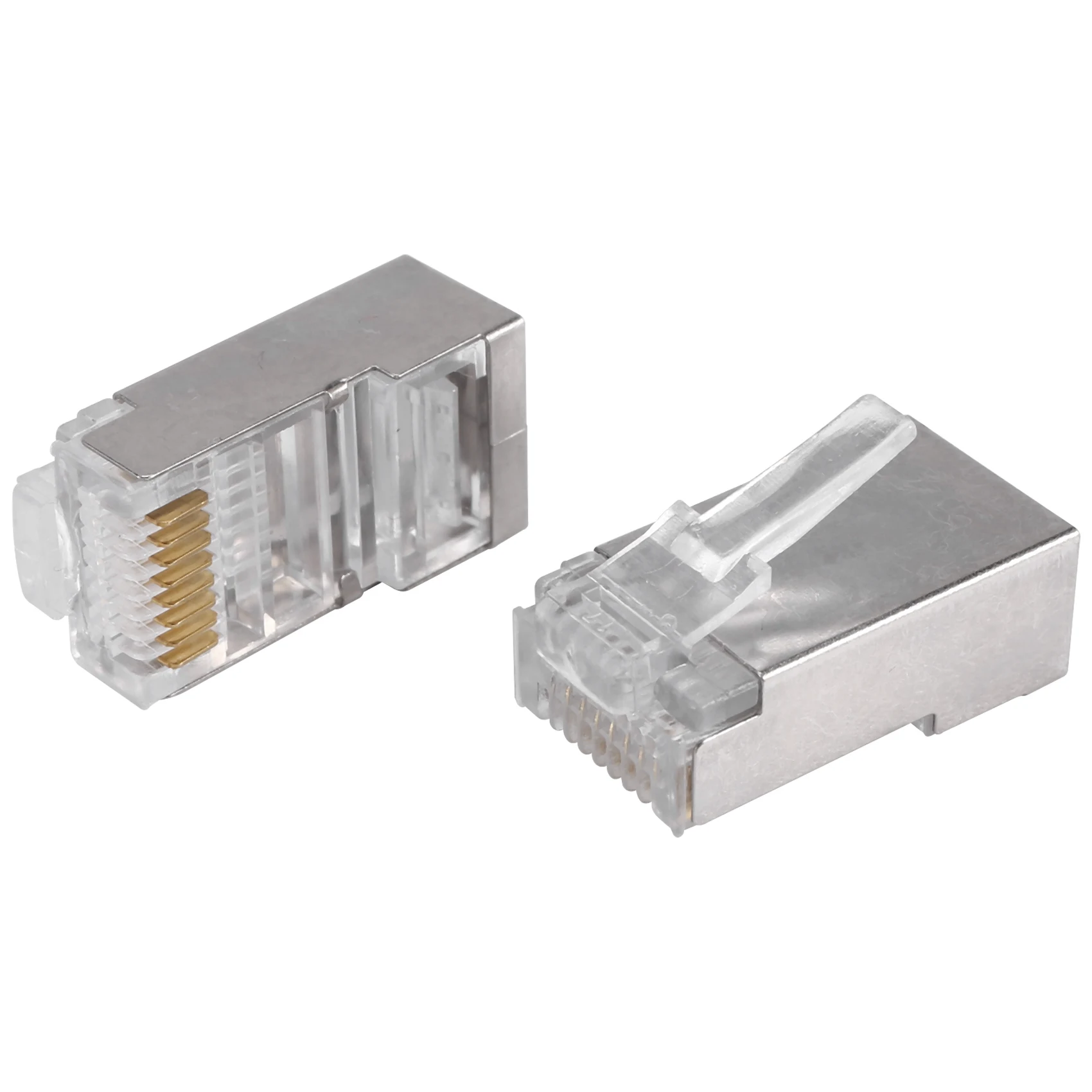 Conector RJ45 blindado CAT5E CAT6 Crimp Ethernet Conector STP 8P8C Plugues de cristal modulares 100 peças