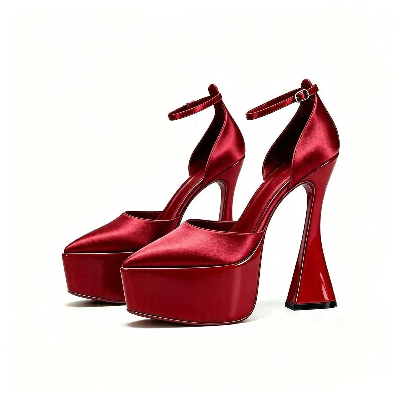 Women Satin Pointed Toe Platform Pumps Ankle Strap Flared High Heels OutSole Evening Wedding Party Formal Fashion Dress Footwear view 3
