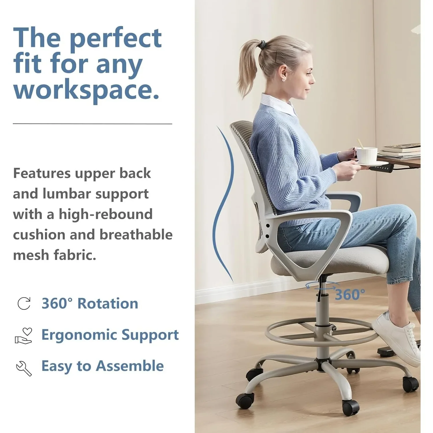 Drafting Chair - Ergonomic Tall Office for Standing Desk, Counter with Height Adjustable and Comfortable Lumbar Support