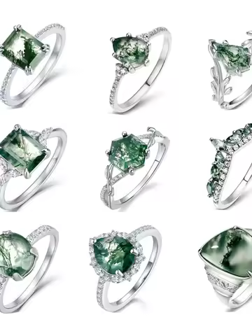 WES 925 Sterling Silver Natural Moss Agate Ring For Women Oval Cut Sea Grass Agate Flower Rings Wedding Party Jewelry Gift