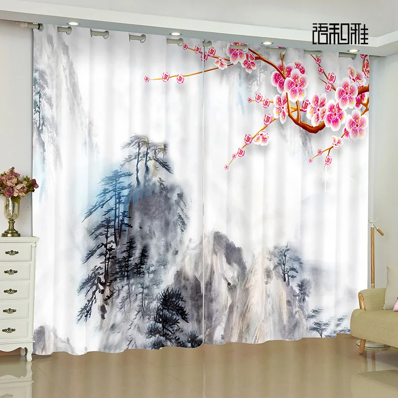 

New Chinese Landscape Scenery Spring Garden Curtains Peach Blossom Curtains Classical Living Room Bedroom Hotel Balcony Window