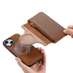 2 in 1 Magnetic Cards Solt Zipper Bag Leather Wallet Case For iPhone 16 Pro Max 15 Plus 14 13 12 11 XS Wireless Charging Cover