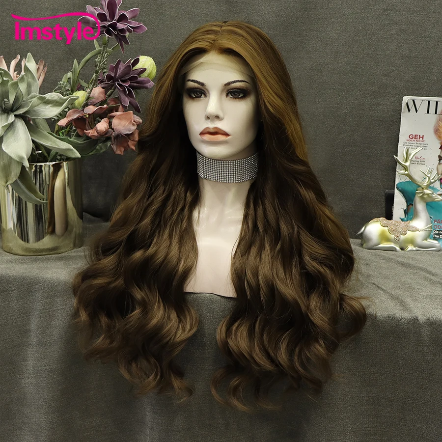 Imstyle Long Brown Lace Wig Synthetic Lace Front Wig T Part Lace Wig Blonde Highlight Natural Wavy Hair Daily Wigs For Women