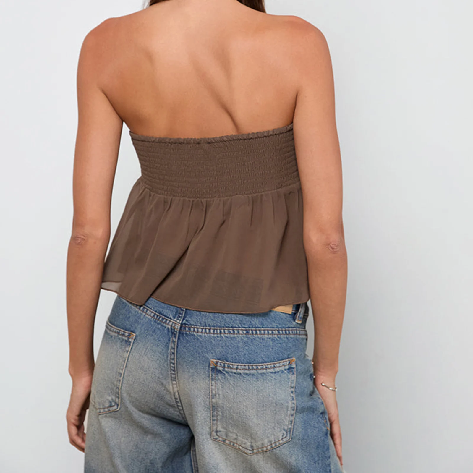 

Women Summer Fashion Solid Color Tube Tops Ruffled Off-Shoulder Bandeau Backless Shirts with Scarf for Streetwear