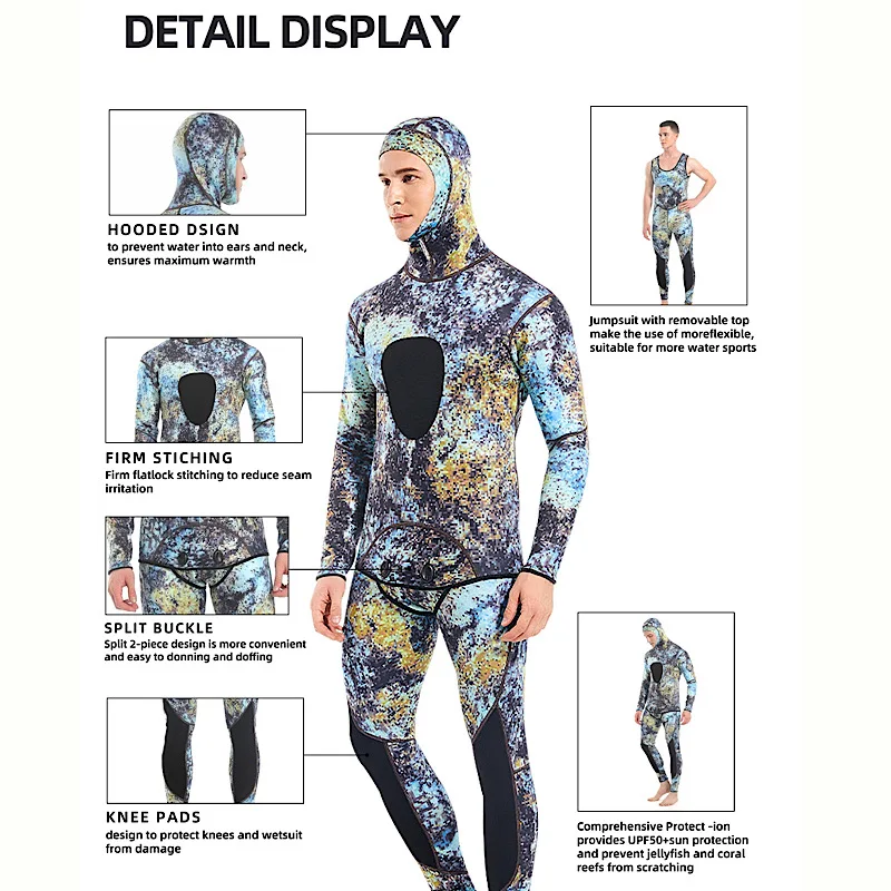 Trajes de neopreno para hombre, traje de neopreno cálido con capucha de 1,5/3MM, traje de baño de camuflaje dividido para caza de peces, snorkel, surf