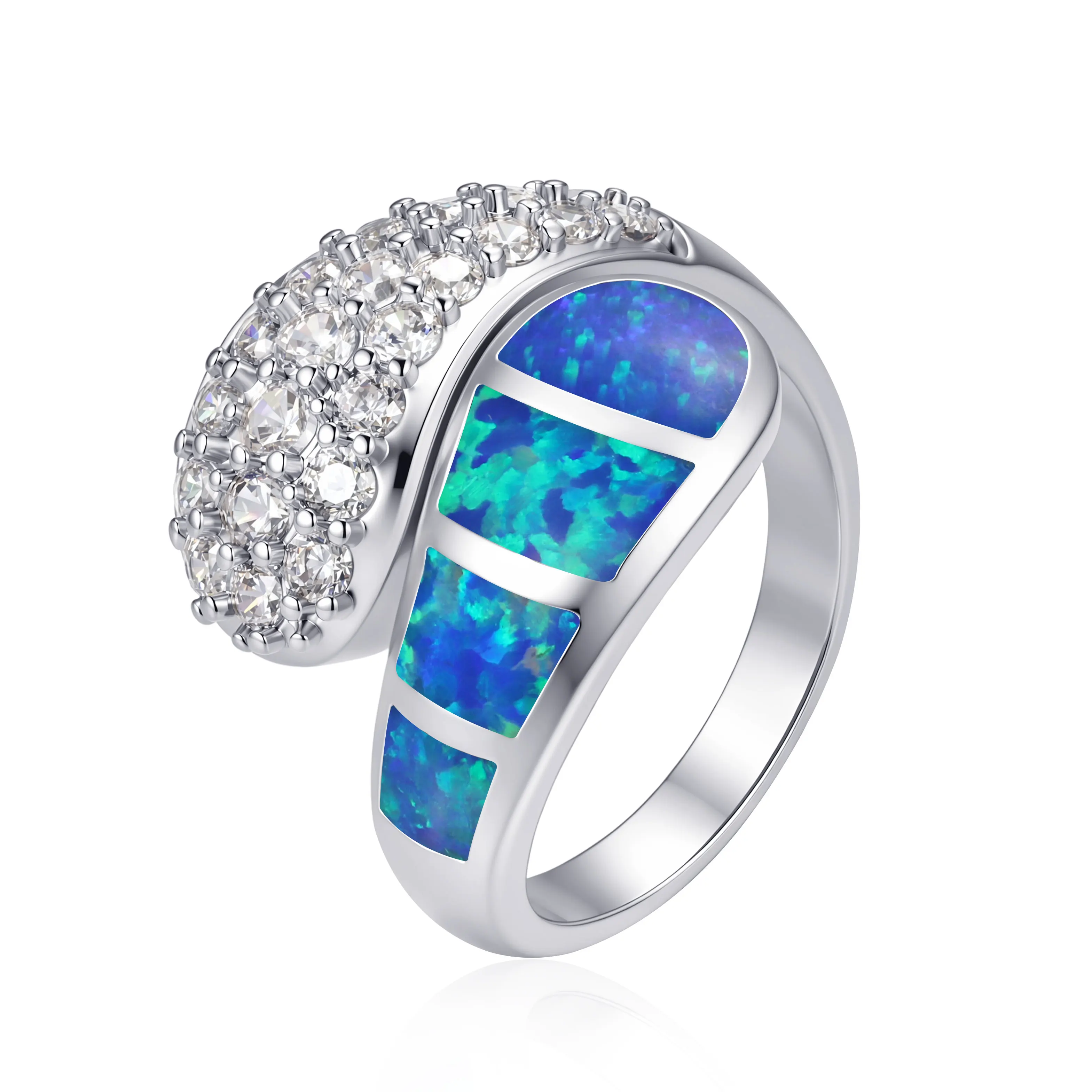 Women Asymmetric Cross Over Statement Ring, Blue Opal Stone Clear Zirconia Inlaid Wide Band Ring, Luxury Party Jewelry Gift