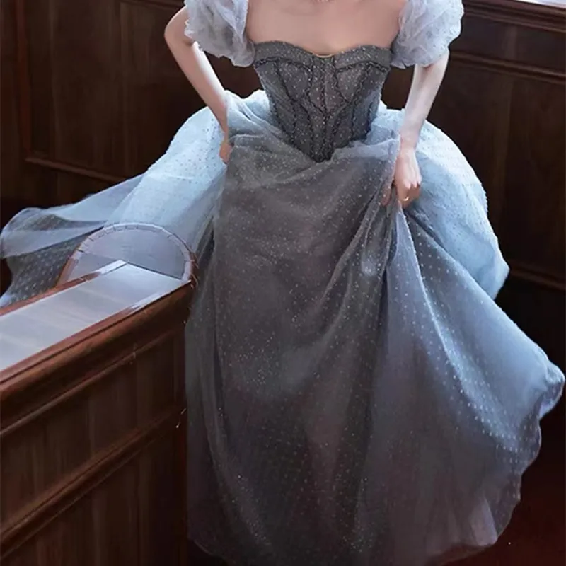 

Grey Blue Prom Dresses Off The Shoulder Beading A-Line Light Luxury Strapless Backless Tulle Slim For Graduation Party Gowns New