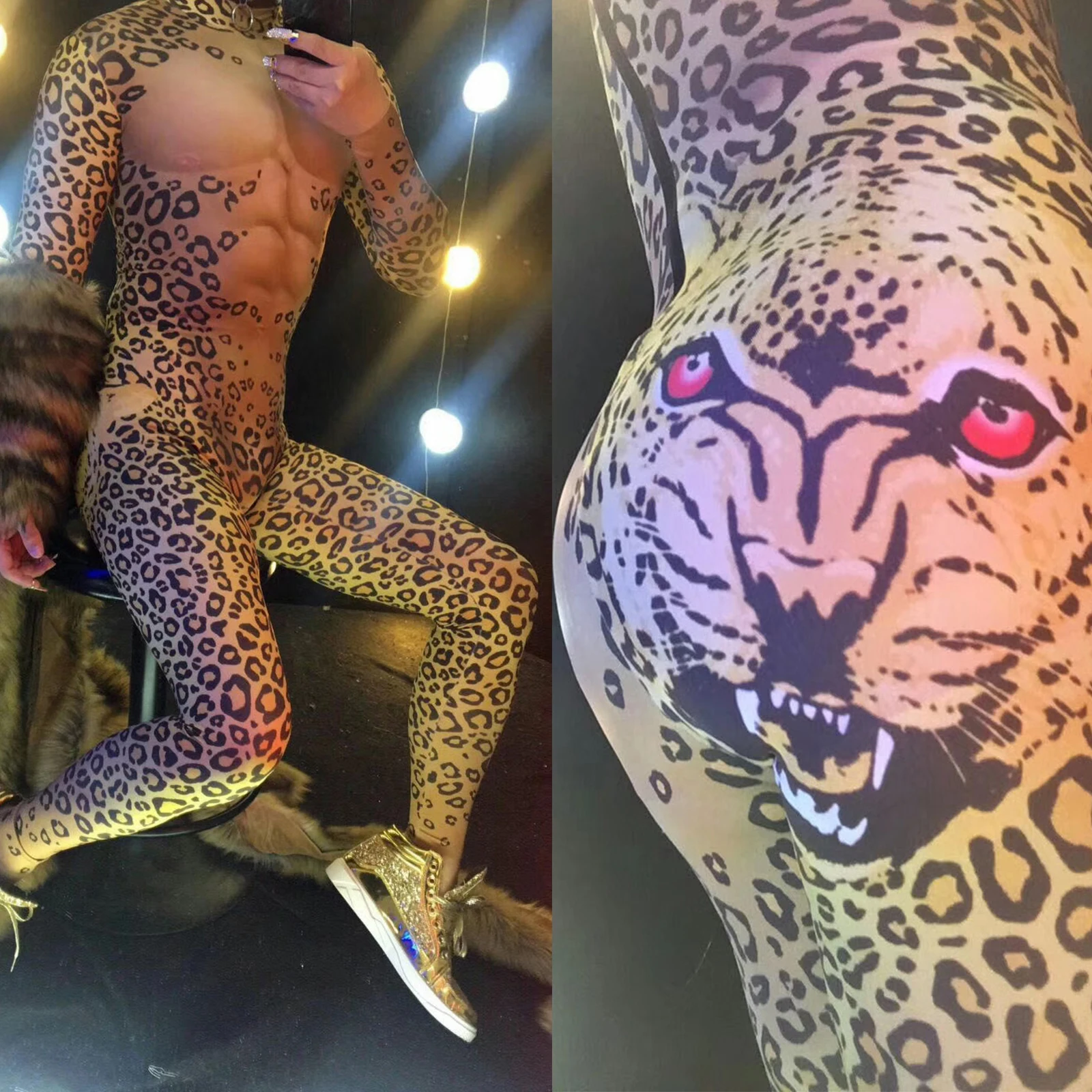 

Sexy tiger Leopard print jumpsuit long sleeve Skull tattoo Muscle Man nude guest catwalk performance stage dance club outfits