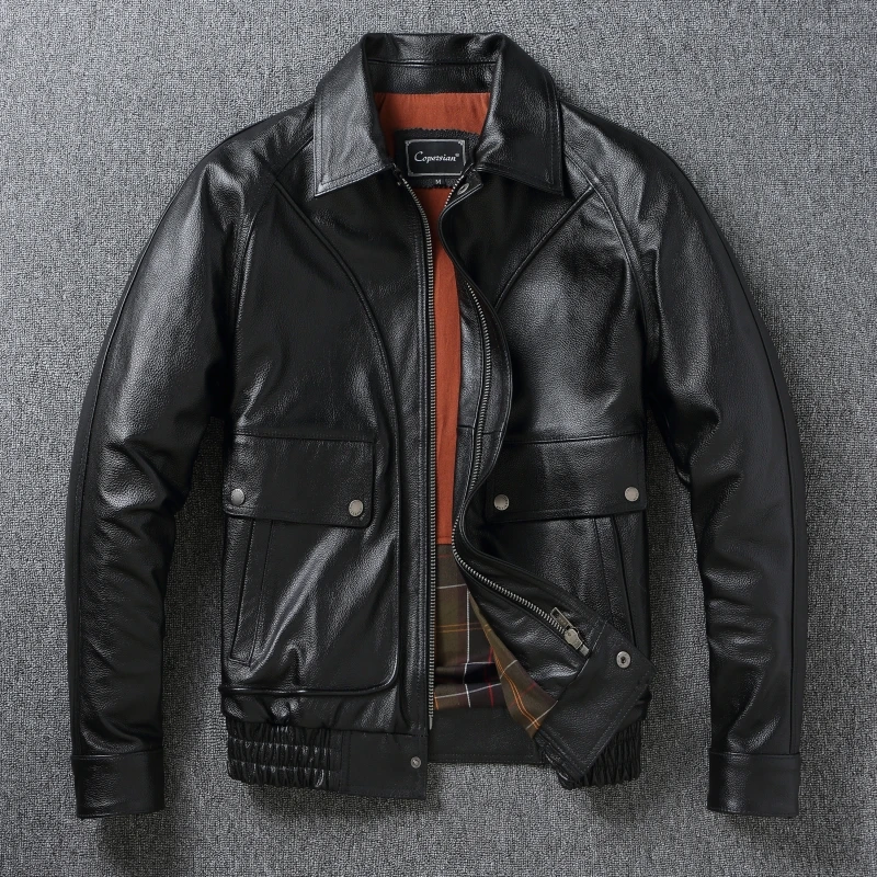 

Новинка 2025, роскошная черная летная куртка из натуральной кожи, мужская куртка с лацканами из натуральной воловьей кожи, большая и высокая