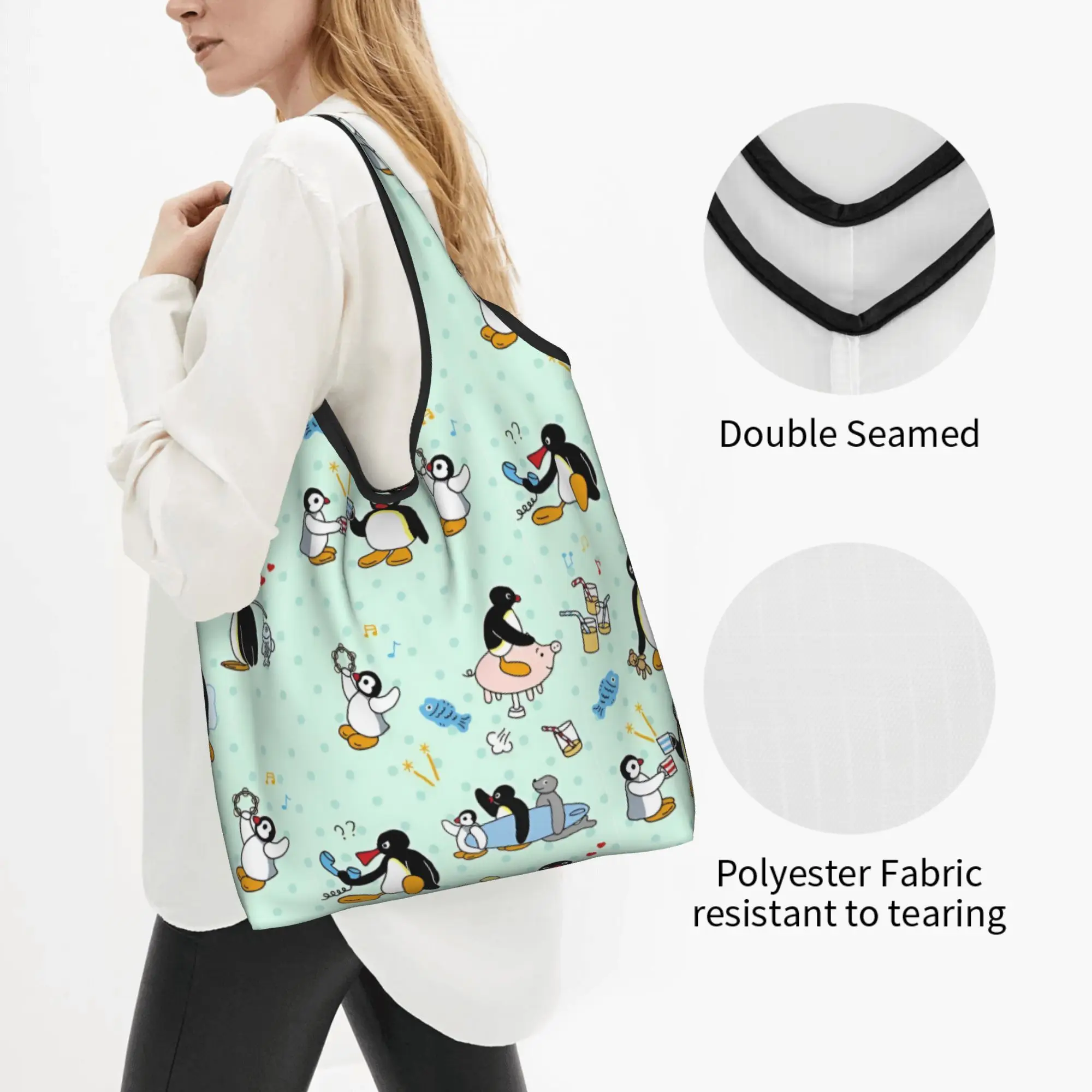 Penguin Cartoon Manga Grocery Shopping Bags Kawaii Shopper Shoulder Tote Bags Large Capacity Portable Hot Movie Handbag