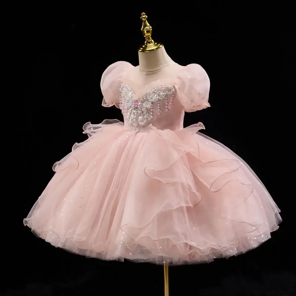 Girl Puff Sleeves Princess Dress Children's Luxury Fashion Wedding Holiday Party Dance Ball Gown Little Girl Tulle Dresses New
