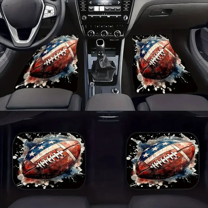 4pcs American Flag Football Pattern Car Floor Mat Set, Non-Slip Crystal Velvet Material, Easy To Clean, Decorate The Interior Sp