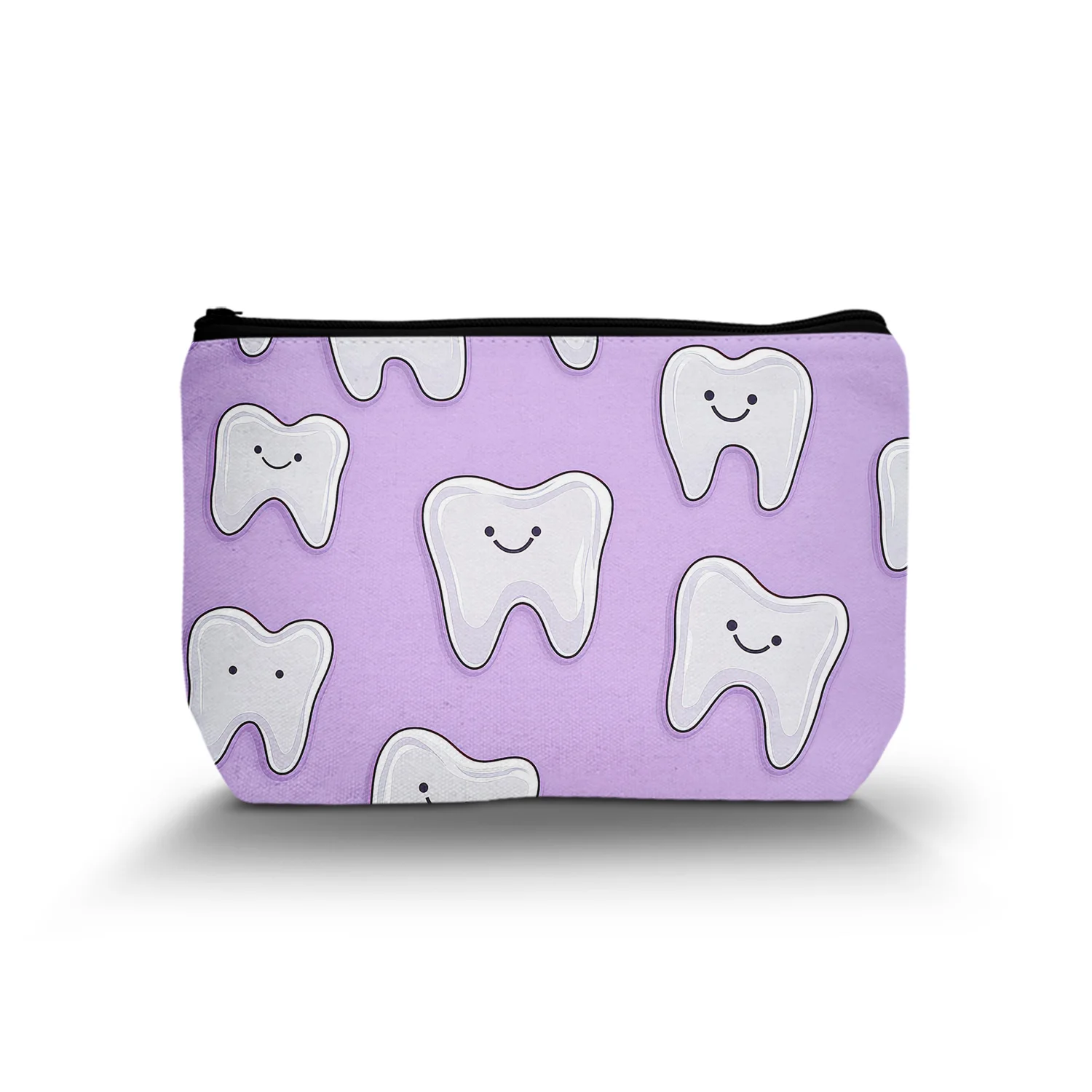 1Pc Tooth Pattern Makeup Bag Purple Background Happy Anthropomorphic Expression Tooth Makeup Bag 8.66X5.51Inch