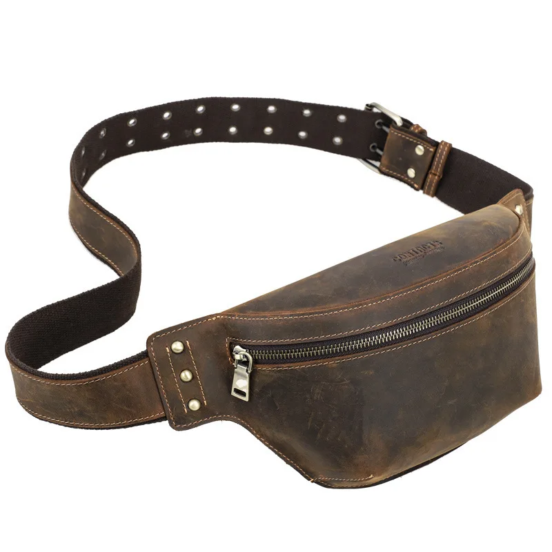 Fashionable British Style Top Layer Cowhide Crazy Horse Multi Functional Crossbody Men Genuine Leather Waist Large Capacity Bags