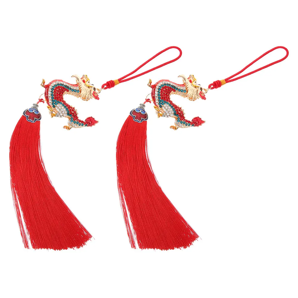 

2pcs Dragon Car Hanging Ornament Chinese Style Tassel Rear View Mirror Decoration Rhinestone Sparkle Pendant Car Rear View
