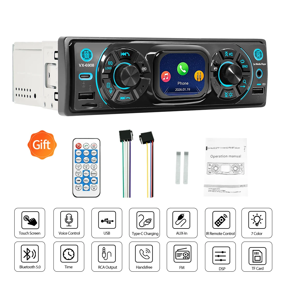 

1Din Car Radio MP3 Player 2.2inch Touch Screen Stereo Bluetooth AUX USB EQ FM Radio Universal for BMW Honda Benz Audi VW Toyota