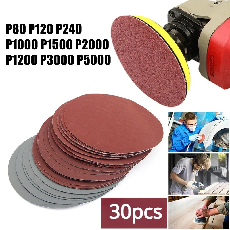 

30pcs/Set 5Inch 125mm Round Hook and Loop Sandpaper Woodworking Metal Grinding Disc Abrasive Polishing Tool For Polishing