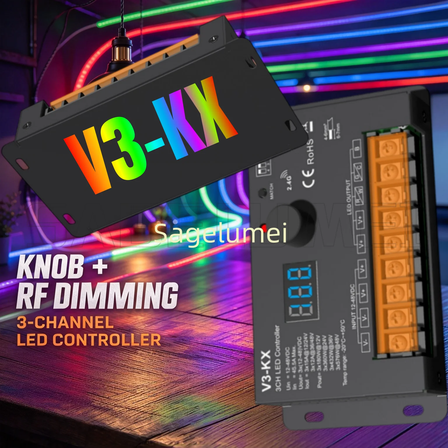 Skydance New 3CH*15A 12-48VDC Knob CV Controller V3-KX Knob + RF Dimming 3-channel LED Control for DIM/CCT/RGB LED Strip light