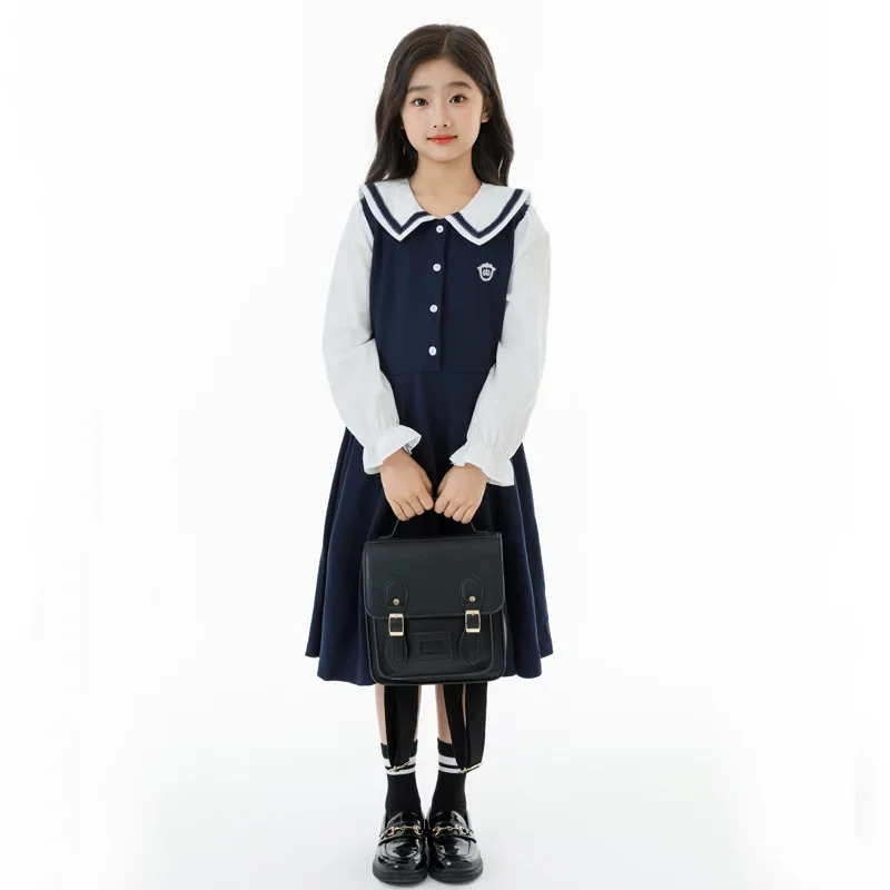 Girls Navy Blue White School Uniform Dress Kids Preppy Style Long Sleeve A-Line Dress for Teen Daily Party Casual Outfits 4-12Y