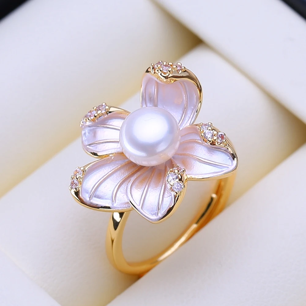FENASY Natural Freshwater Pearl 18K Gold Plated Adjustable Rings for Women,Suitable for Daily Wear and Party,Gifts for Birthday