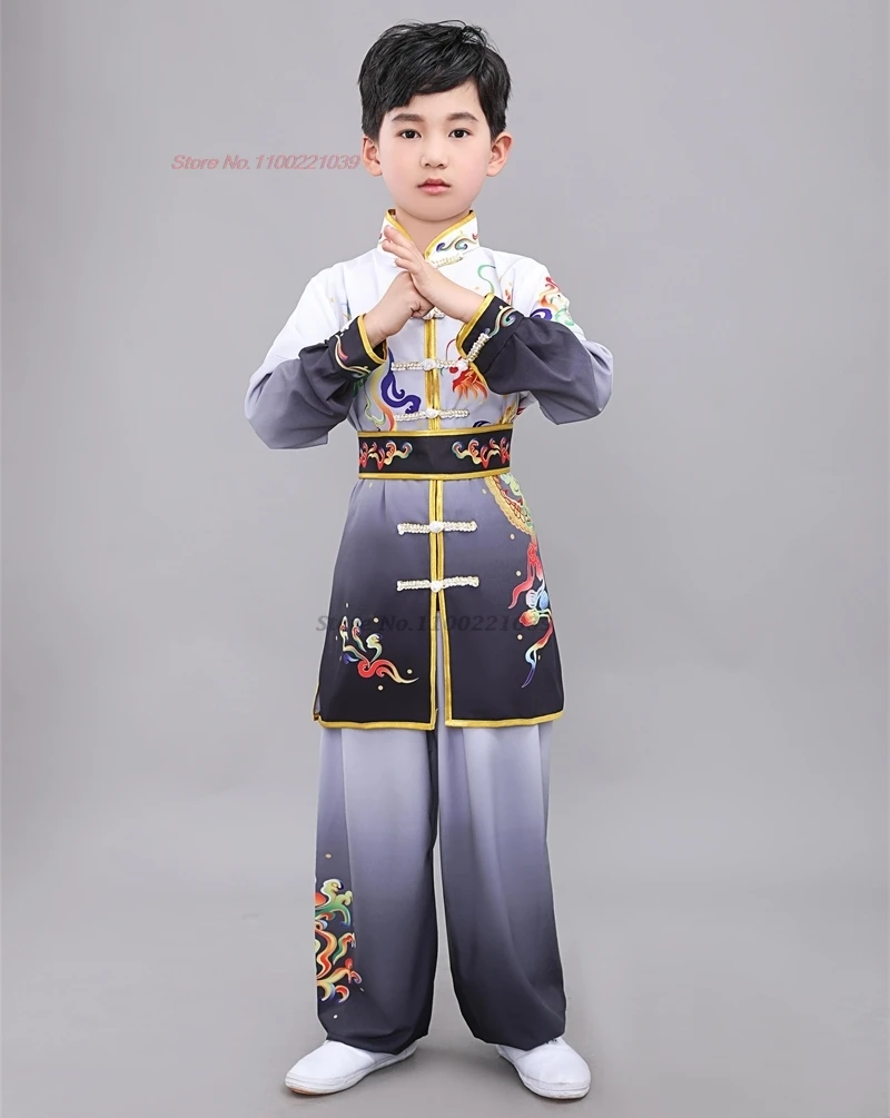 2024 chinese vintage wushu kung fu set children dragon print gradient color wushu kung fu martial arts traing exercise practice