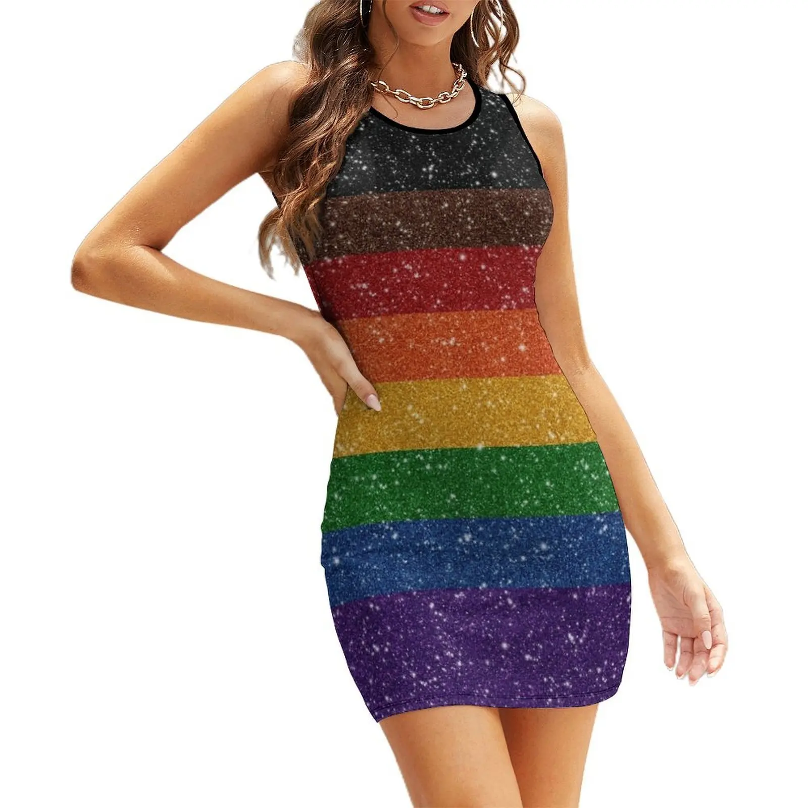 

Faux Glitter Inclusive Rainbow Pride Flag Background Sleeveless Sundress dresses women summer 2025 luxury woman party dress