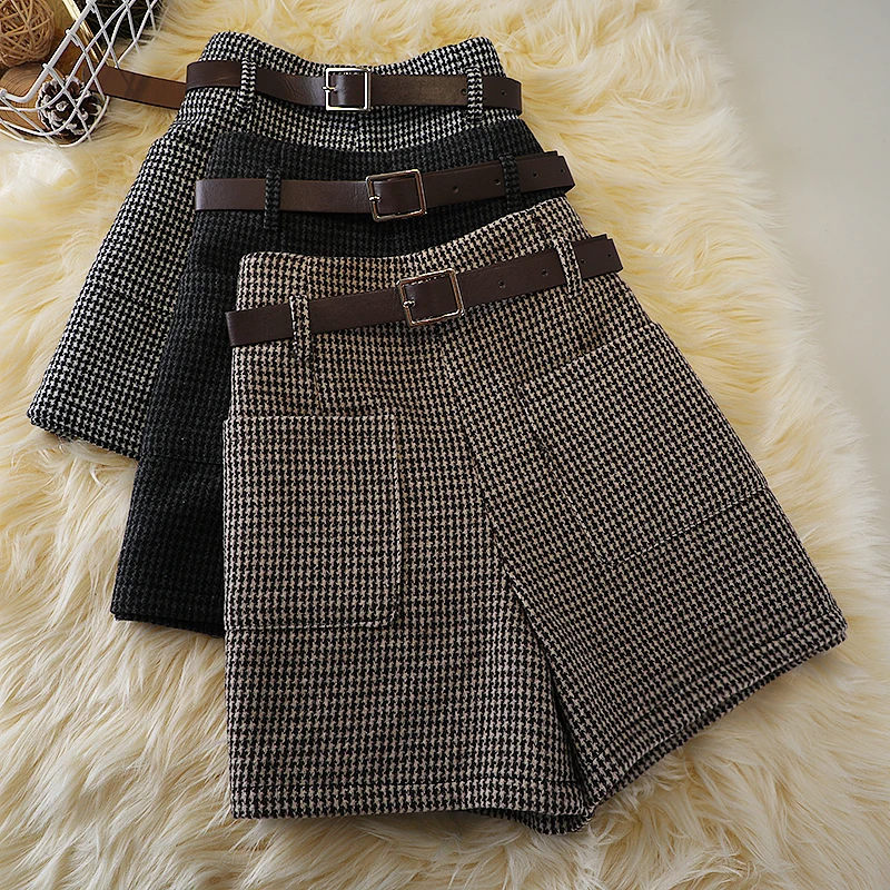 Houndstooth woolen shorts women\'s autumn and winter new high waist retro slim boots pantslarge size woolen pocket wide leg pants