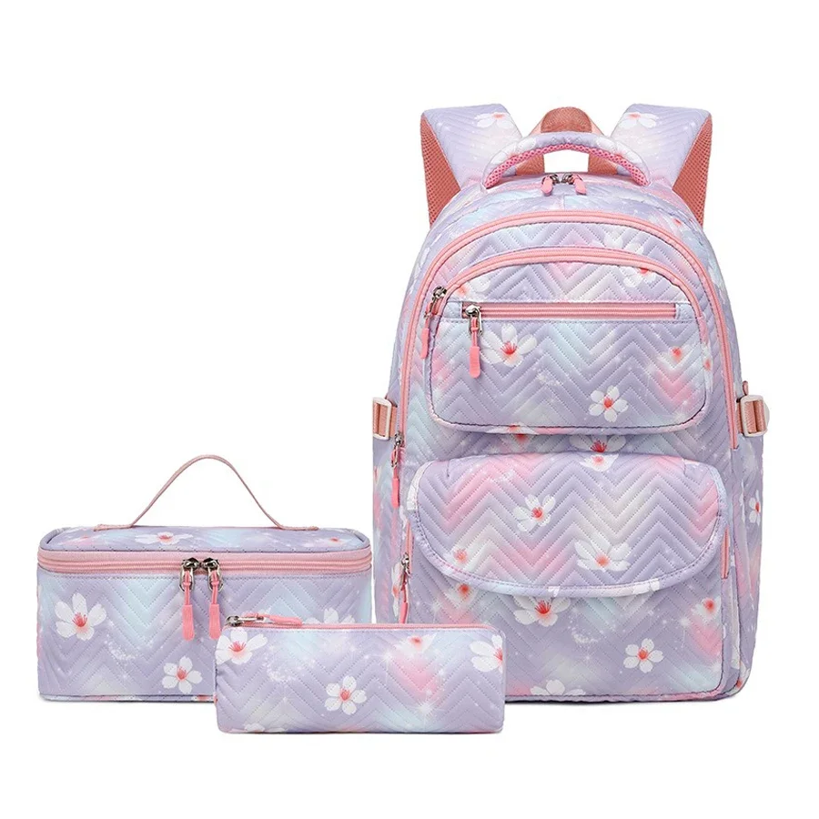 New Girls School Backpack Flower Printed Sweet Schoolbag Lunch Bag Pencil Case Bookbag 3pcs Backpack Sets