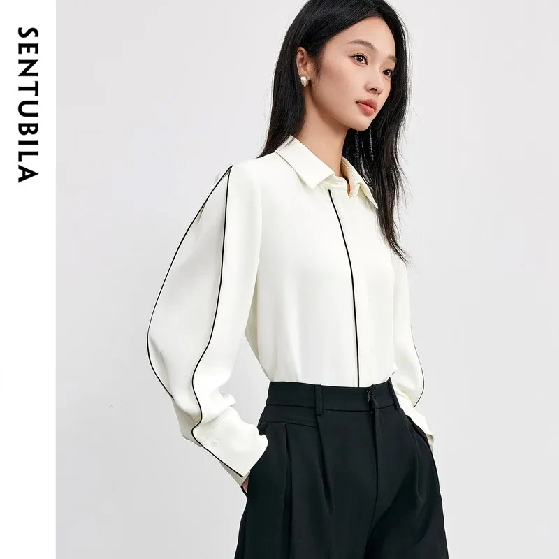 

SENTUBILA Casual White Shirts for Women 2025 Autumn Luxury Contrasting Ribbon Long Sleeve Shirt Commute Business Tops 153CA1987