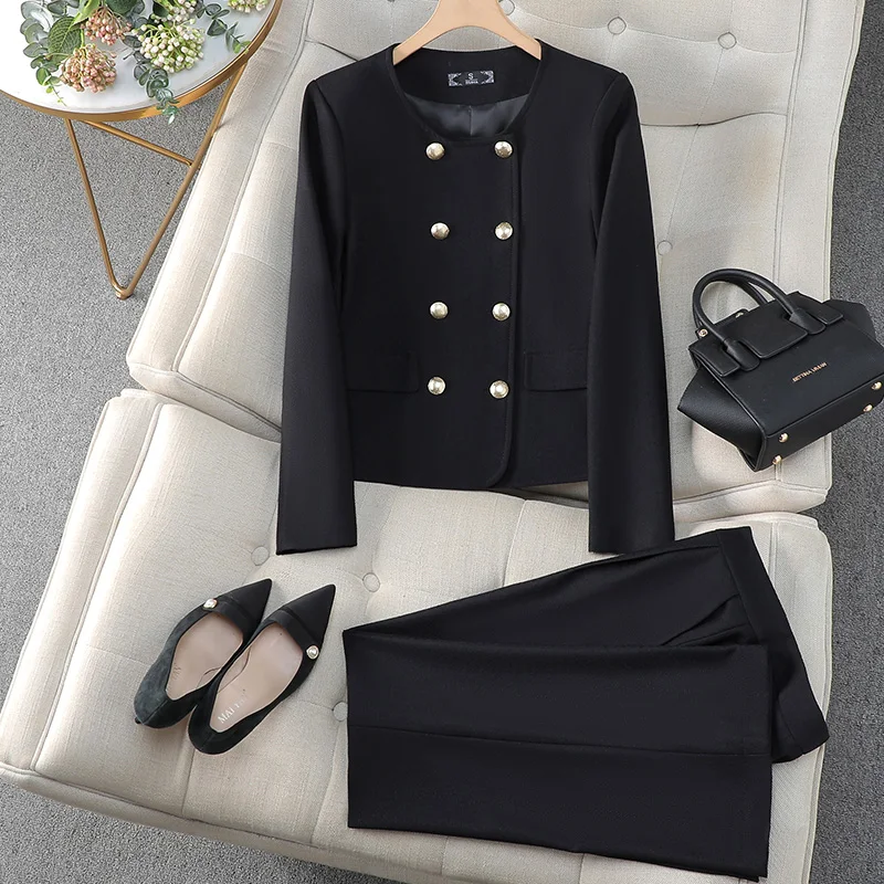 ZJYT Elegant Women\'s Jacket Trousers 2 Piece Matching Set Autumn Fashion Long Sleeve Coat Pant Sets Casual Office Lady Outfit