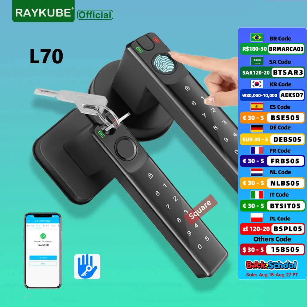 

Новый замок RAYKUBE L70 TT, умный дверной замок с отпечатком пальца, блокировка паролем с ключами, приложение, Разблокировка для внутренней спальни, деревянная металлическая дверь