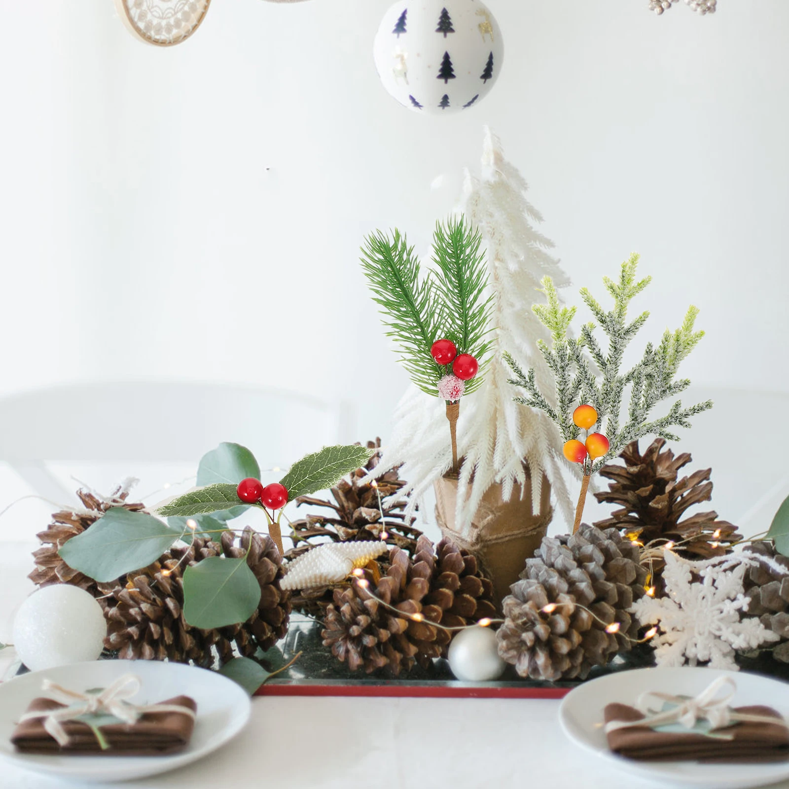 

12Pcs Christmas Tree Decorations Frosted Artificial Pine Needles Branches with Red Berry Stems and Mini Pine Cones for Wreath