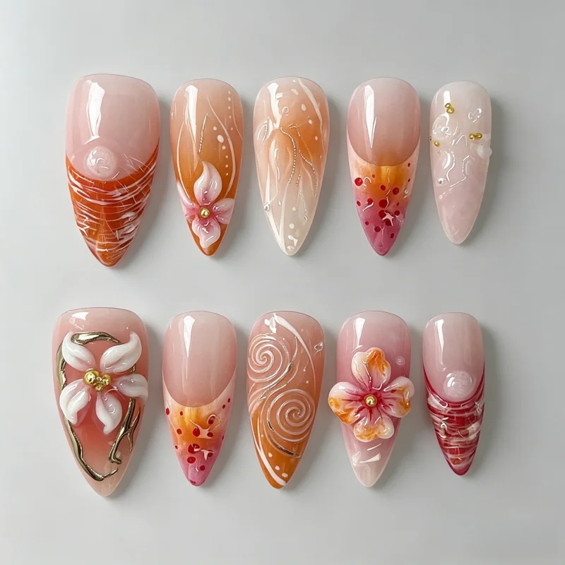 

30Pcs False Nails Simple French-Style Floral Design with 3D Gold Beads and Rhinestones High-Quality Press-On Nails