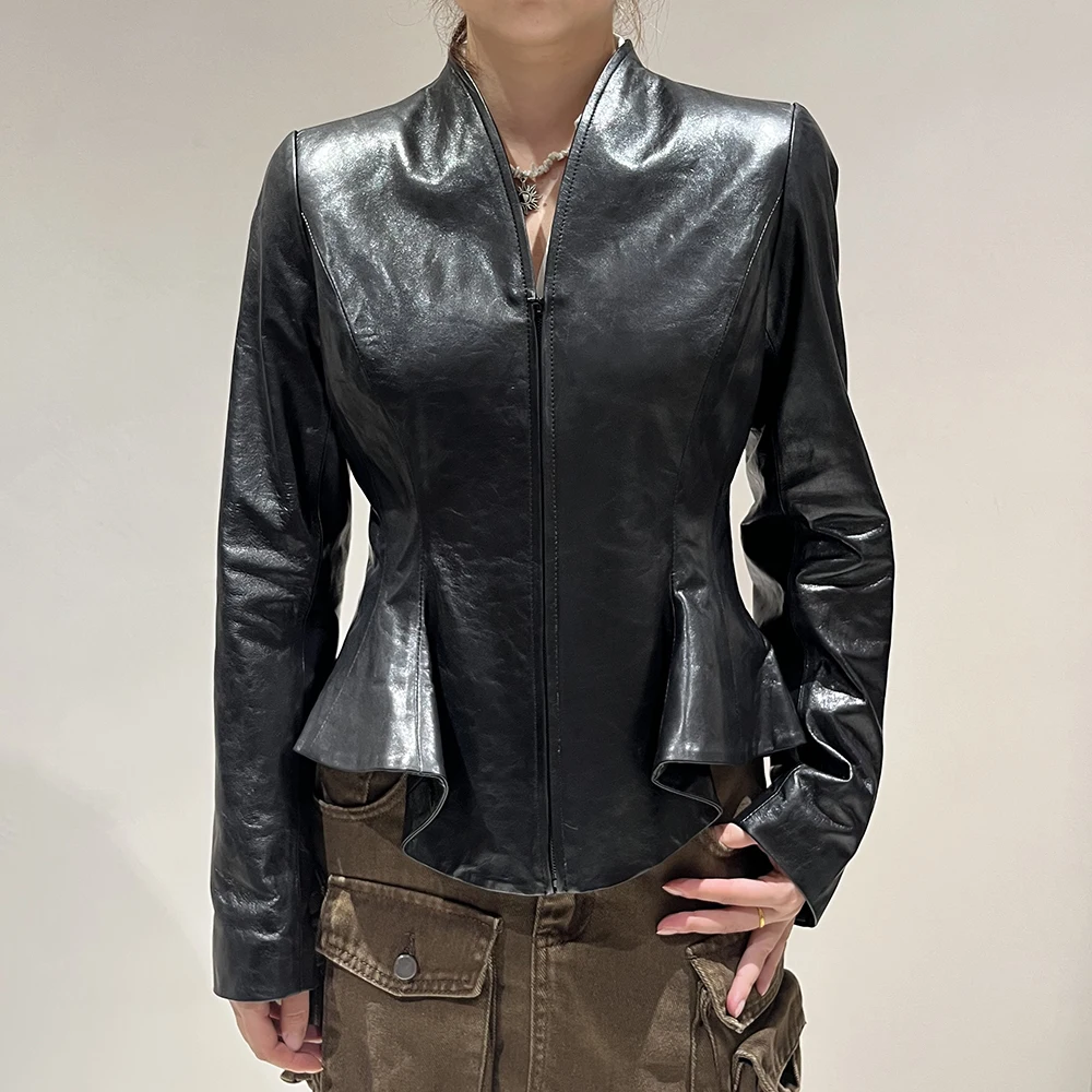 Jaxmonoy Women's Real Leather Jacket Fall New Arrival Ladies Fashion Slim Fit Sheepskin Coat StreetWear Genuine Leather Jackets