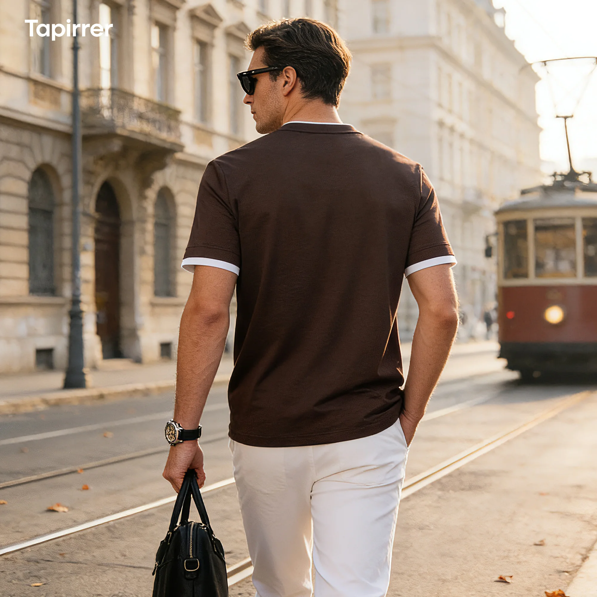 2026 Spring/Summer New Tapirrer Men's Modal Round Neck T-Shirt with Faux Two-Piece Design, Triangle Logo Embroidery, Casual Business Style, Outdoor Sportswear, Breathable, Comfortable, Fashionable, Versatile, Old Money Style, Short Sleeve