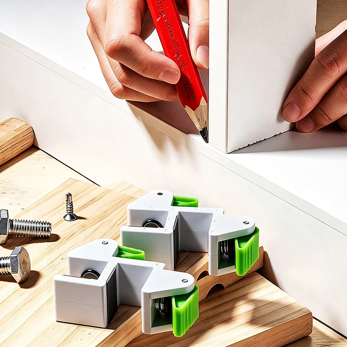 Filling marker for cabinets, quick clamp for carpentry, fixing tool for installation of kitchen cabinets and cabinets.