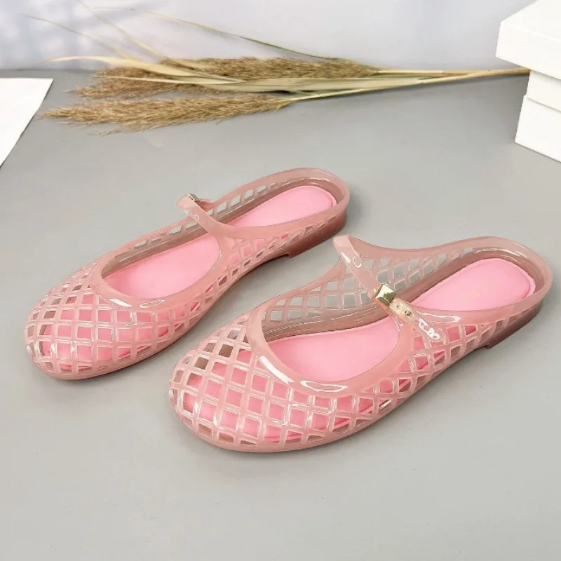 2026 Elegant Luxury Hollow Jelly Slides Soft PVC Mary Jane Slippers Waterproof Anti-Odor Lightweight Summer Beach Women's Shoes
