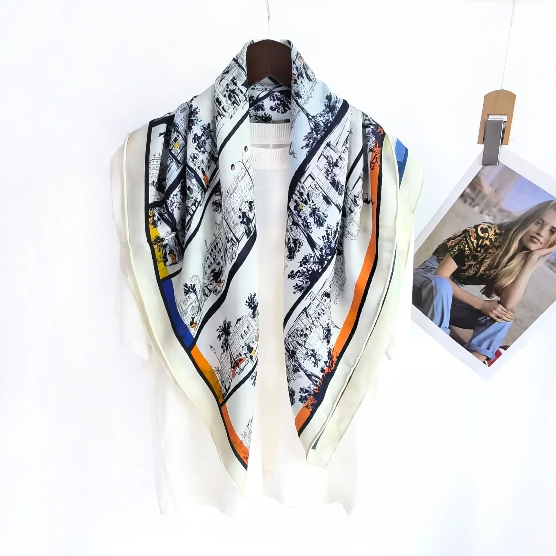 Women's 70% Wool 30% Silk Square Scarf Paris City Street Print Bandana Colorful Rainbow Border Neck Scarf Head Wrap