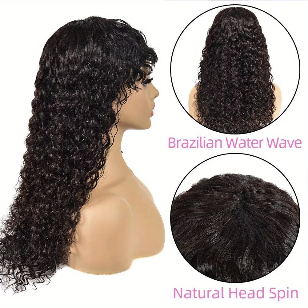 Yyong Water Wave Fring Wig Human Hair Wigs  For Women Full Machine Made Wigs With Bangs Cheap 250% Brazilian Remy Hair 8-34Inch