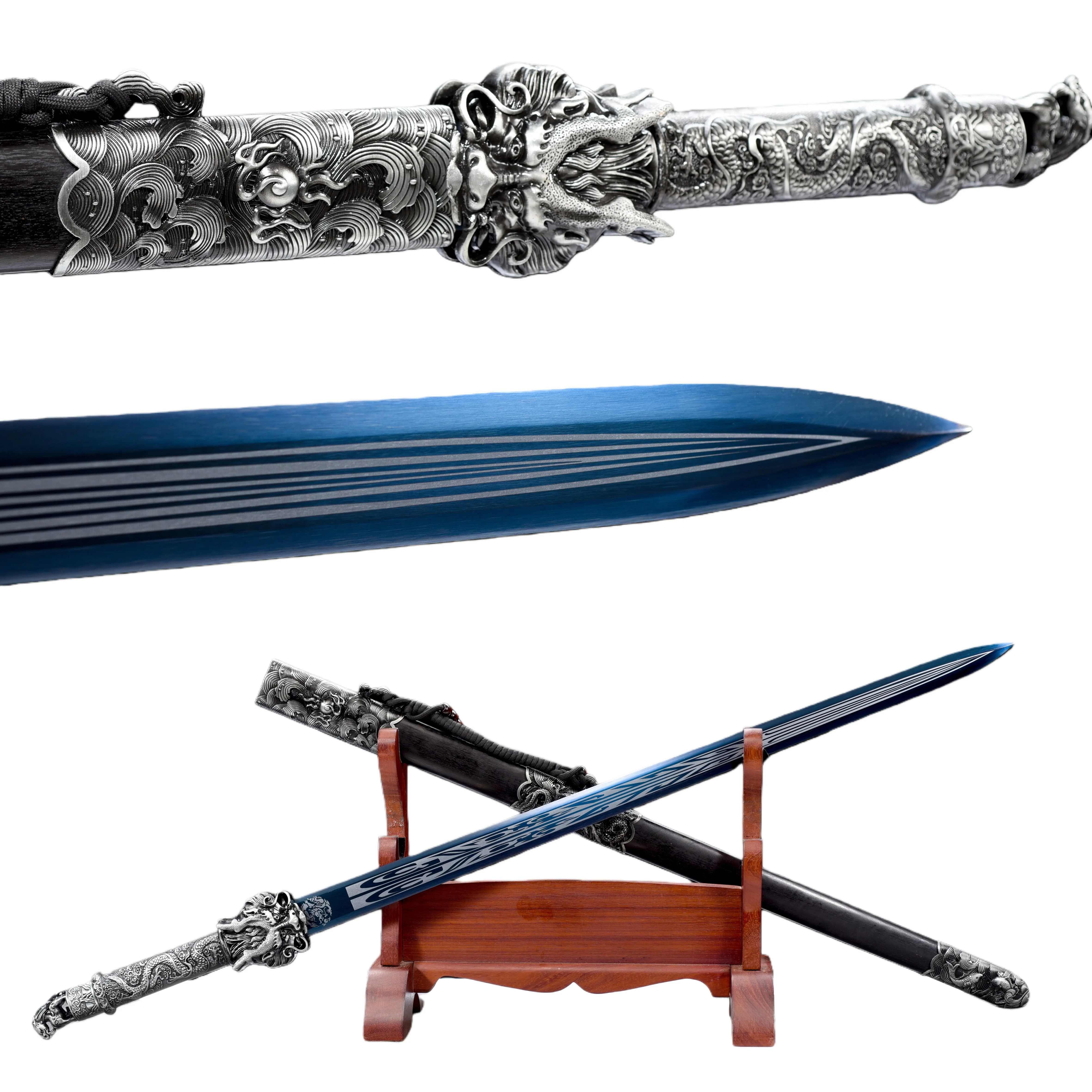 Medieval Silver Dragon King Hero Sword, combat preparation, sharp fighting weapons, Templar Knight katana, full-handled blue