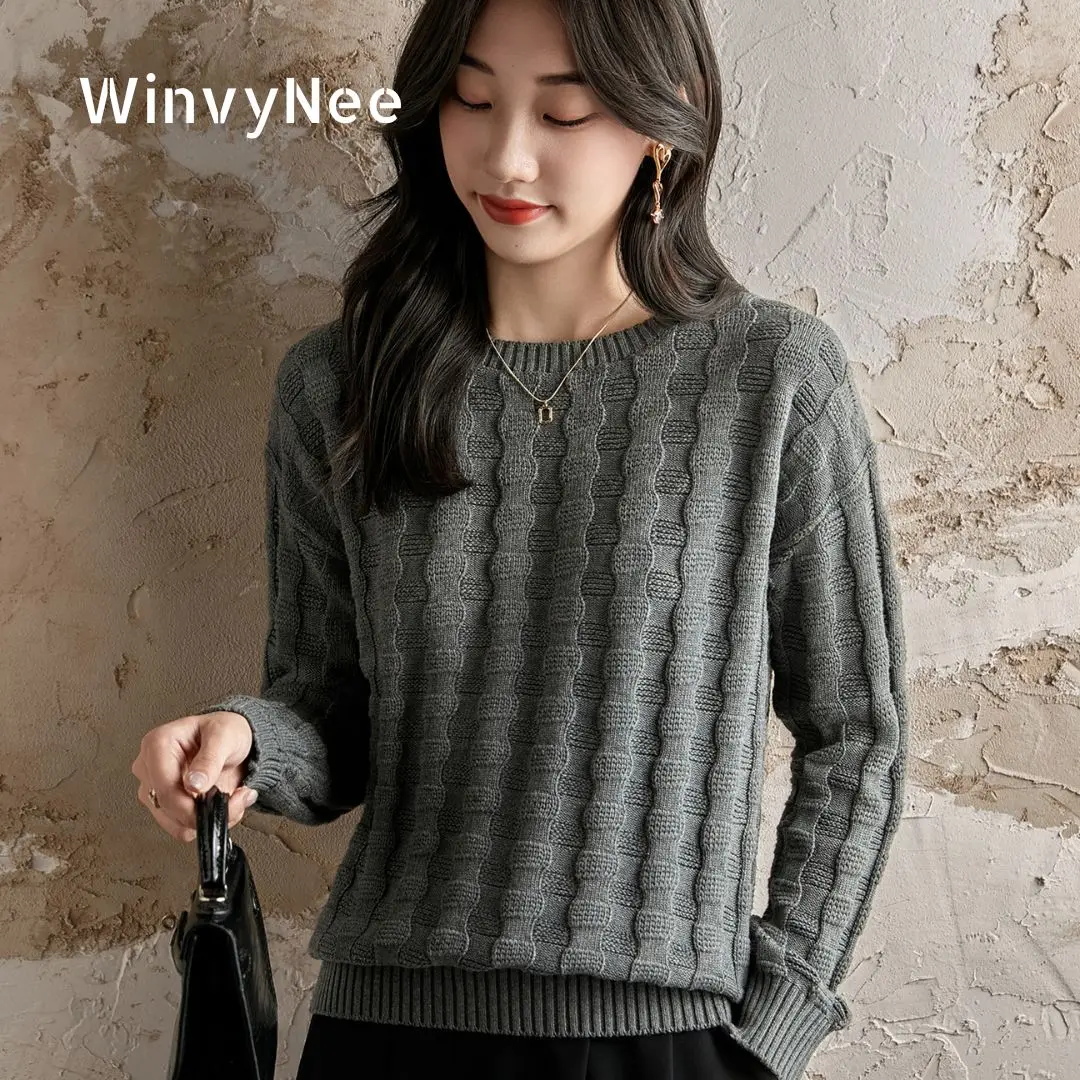 

WinvyNee Women's 7-Pin Thickened Slub Pullover 100% Cotton Crew Neck Soft Long Sleeve Cozy Classic Versatile Casual Top A1092046