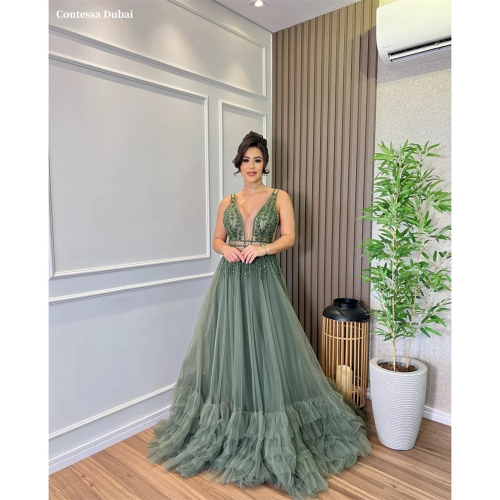 

Contessa Dubai Зеленые платья для выпускного вечера с V-образным вырезом и аппликацией, трапециевидное платье по индивидуальному заказу (1) Драпированное вечернее платье со шлейфом 2025 г.