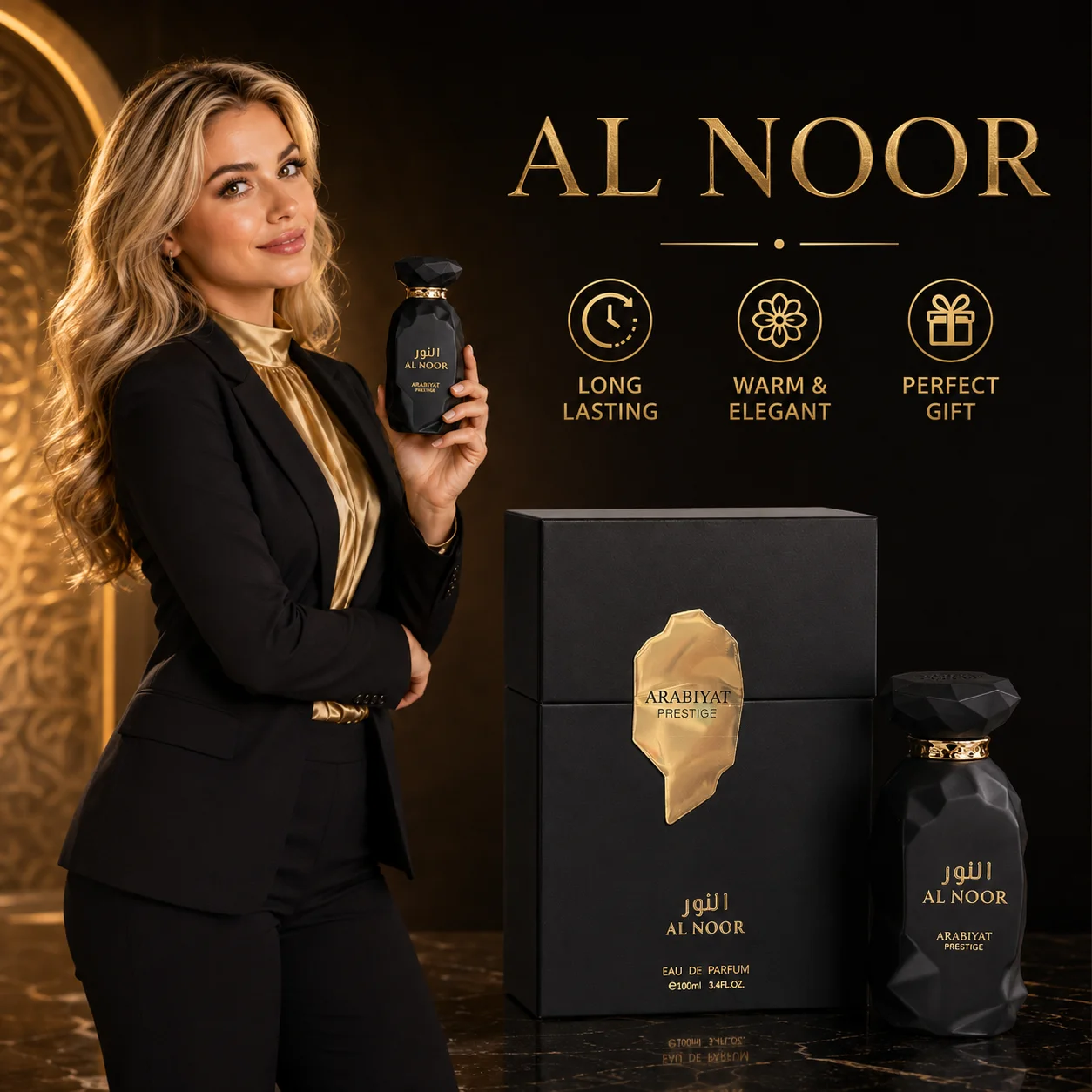 Al Noor Black Perfume 100ml Long Lasting Warm Spicy Woody Amber Fragrance Luxury Eau de Parfum Unisex Spray with Gift Box