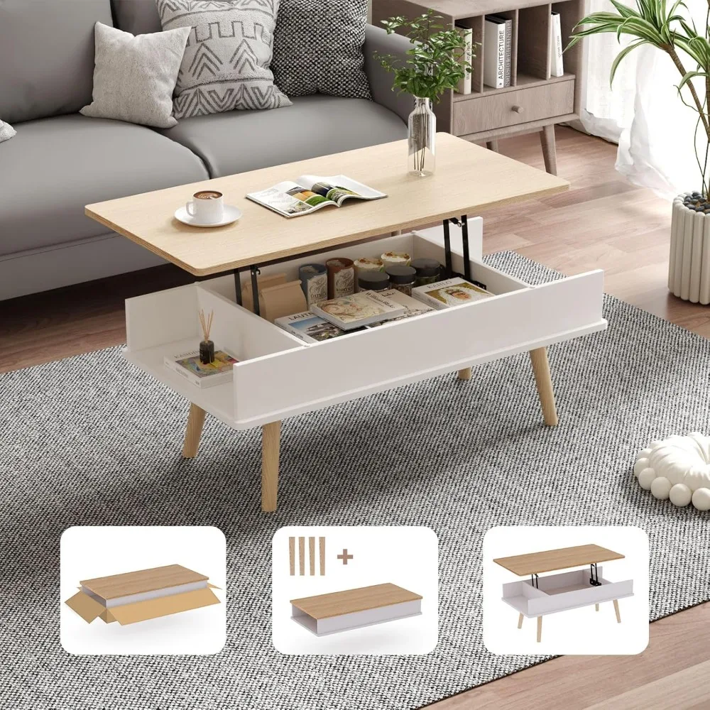 

Lift Top Coffee Table, One Minute No Assembly Required Rising Tabletop Center Table with Large Hidden Storage